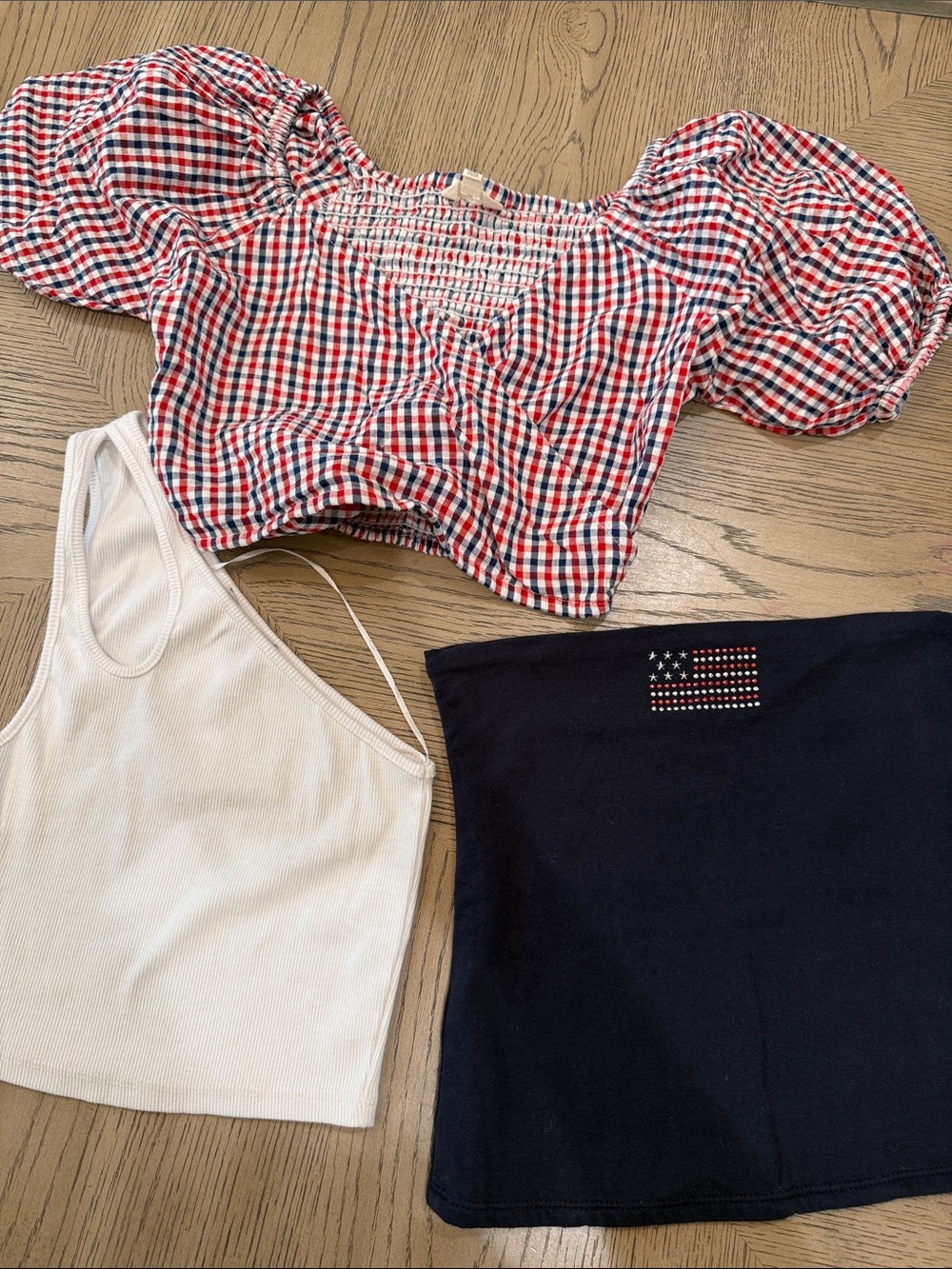 Red & Blue Gingham Puff-Sleeve Cropped Top - top